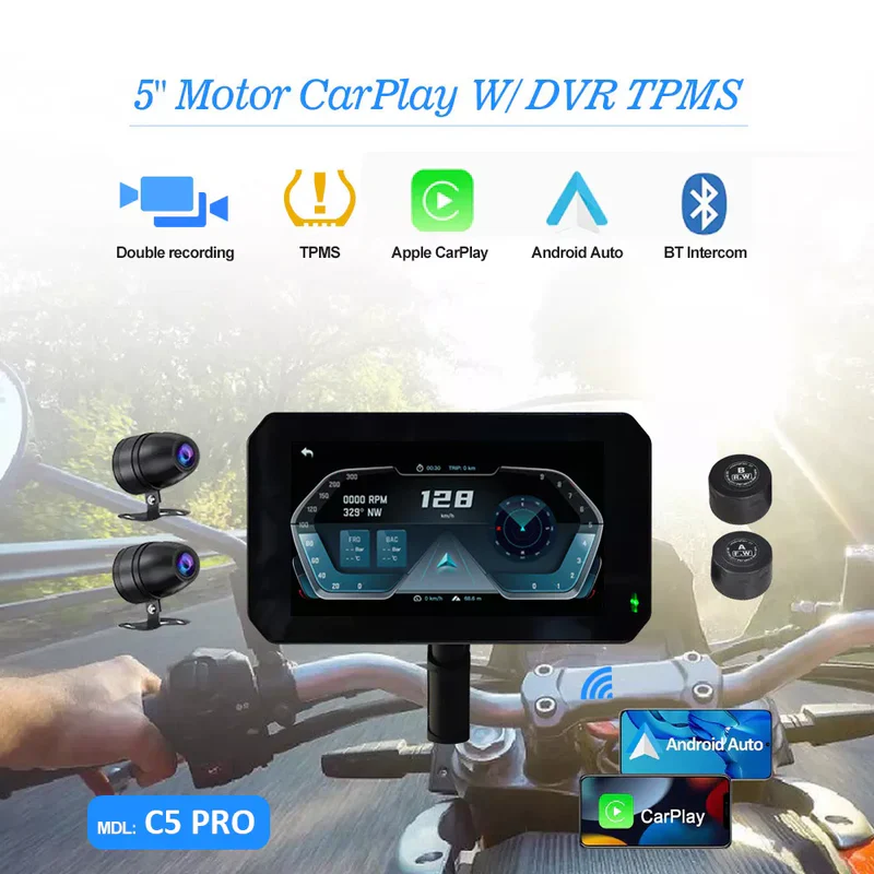 5" Portable CarPlay Motorcycle Camera Front&Rear Dash Cam - C5 - Image 4